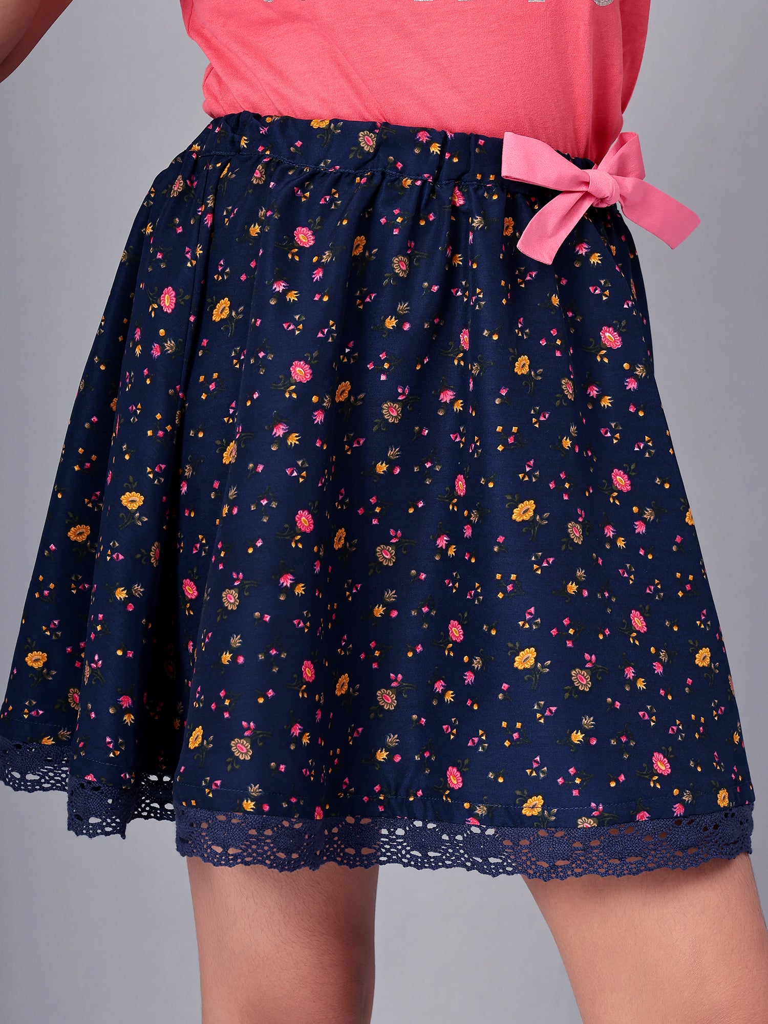 Girls Blue Printed Flared Skirt