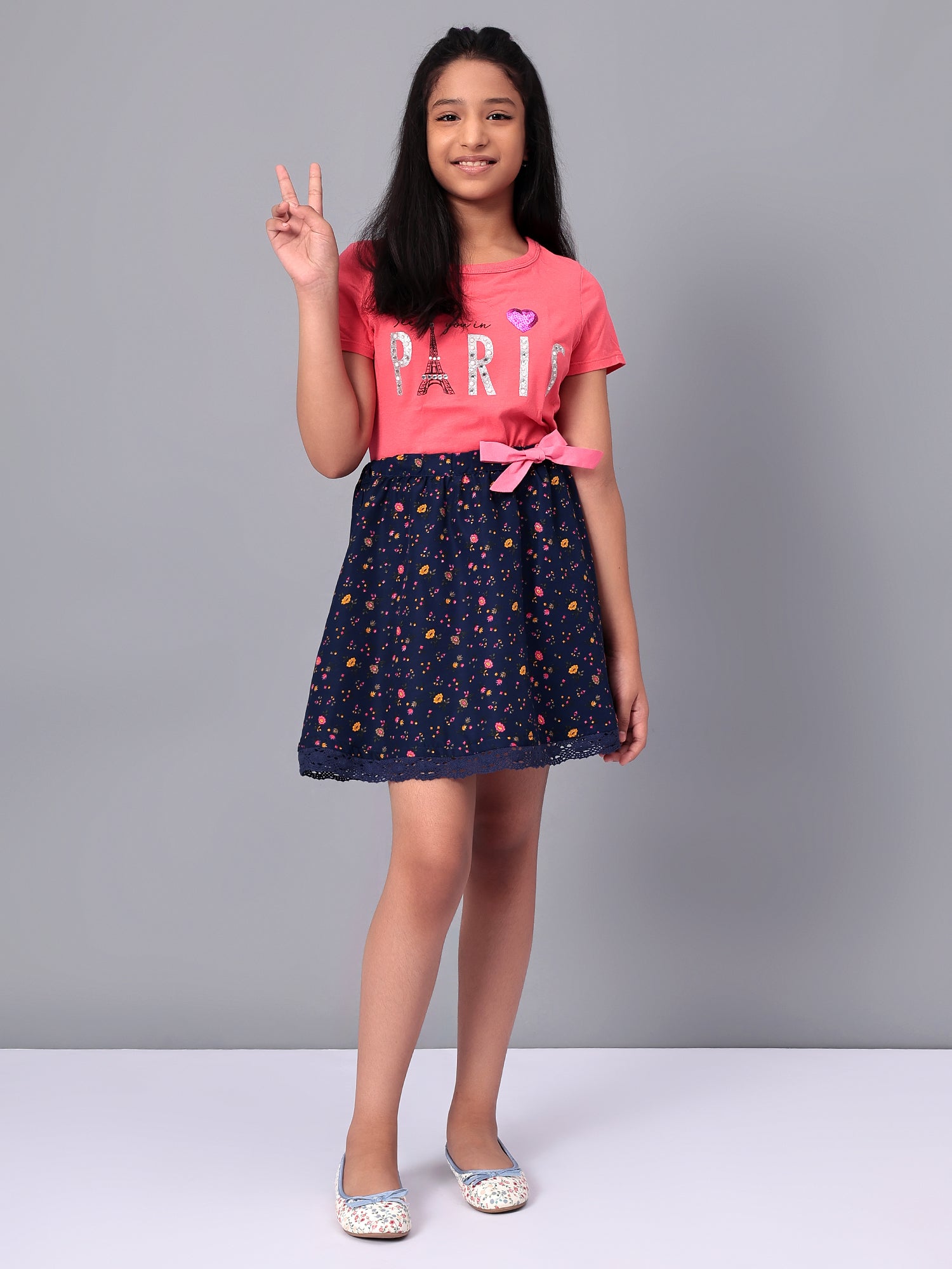 Girls Blue Printed Flared Skirt