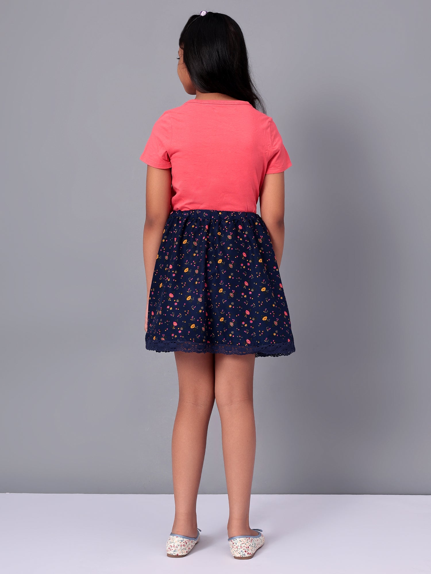 Girls Blue Printed Flared Skirt