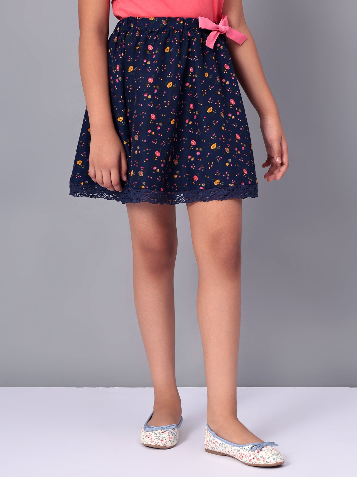 Girls Blue Printed Flared Skirt