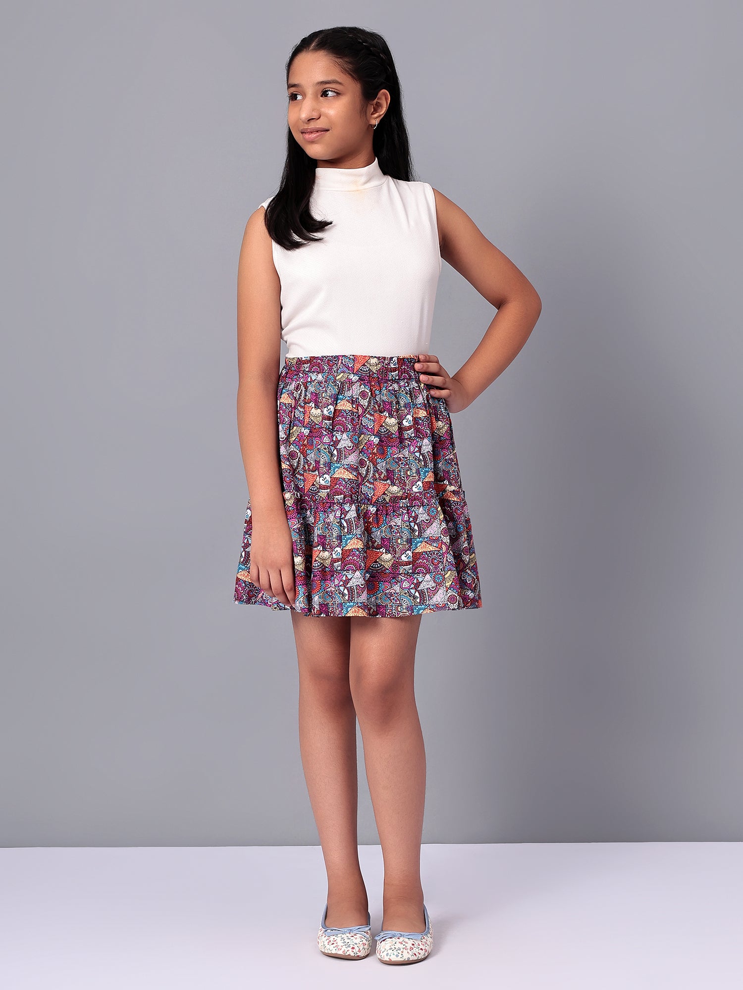 Girls Tiered Skirt in Printed Viscose Rayon