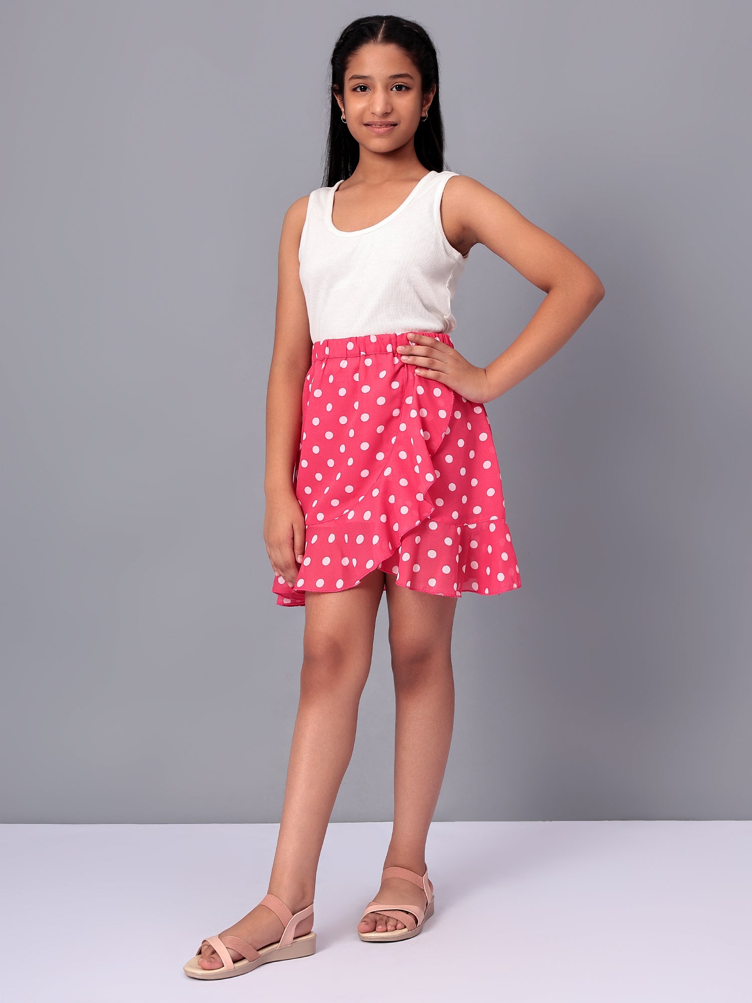 Girls Pink Polka Dotted Georgette Skirt