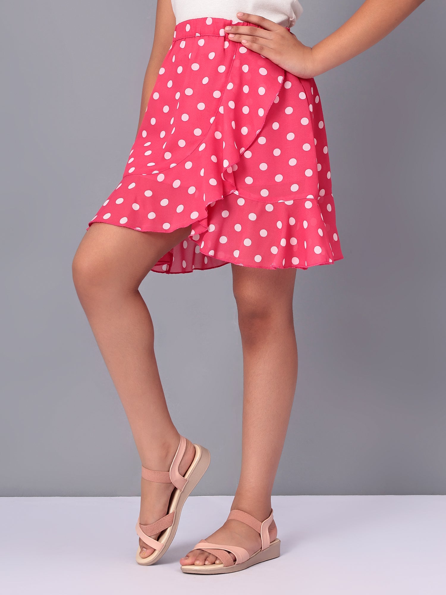 Girls Pink Polka Dotted Georgette Skirt