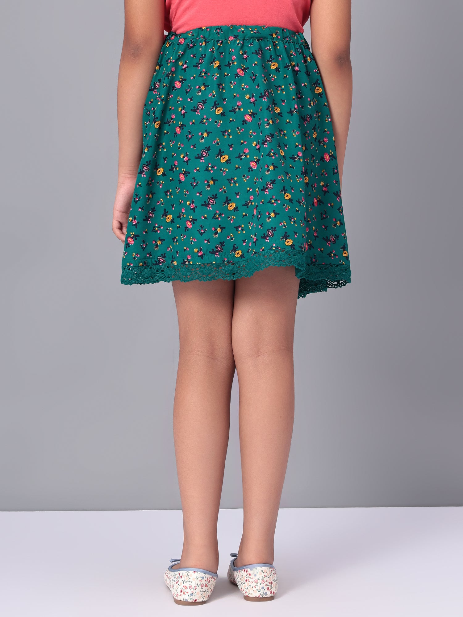 Girls Green Printed Flared Skirt