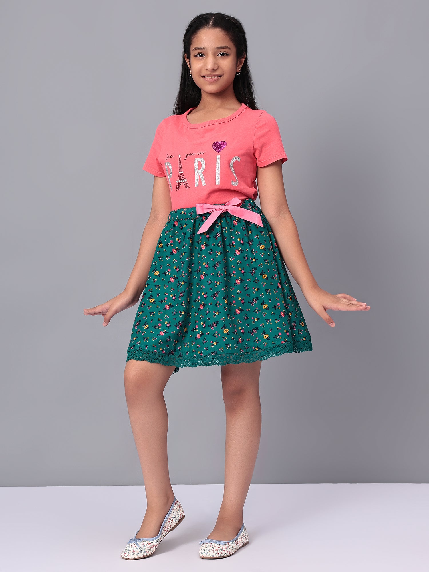 Girls Green Printed Flared Skirt