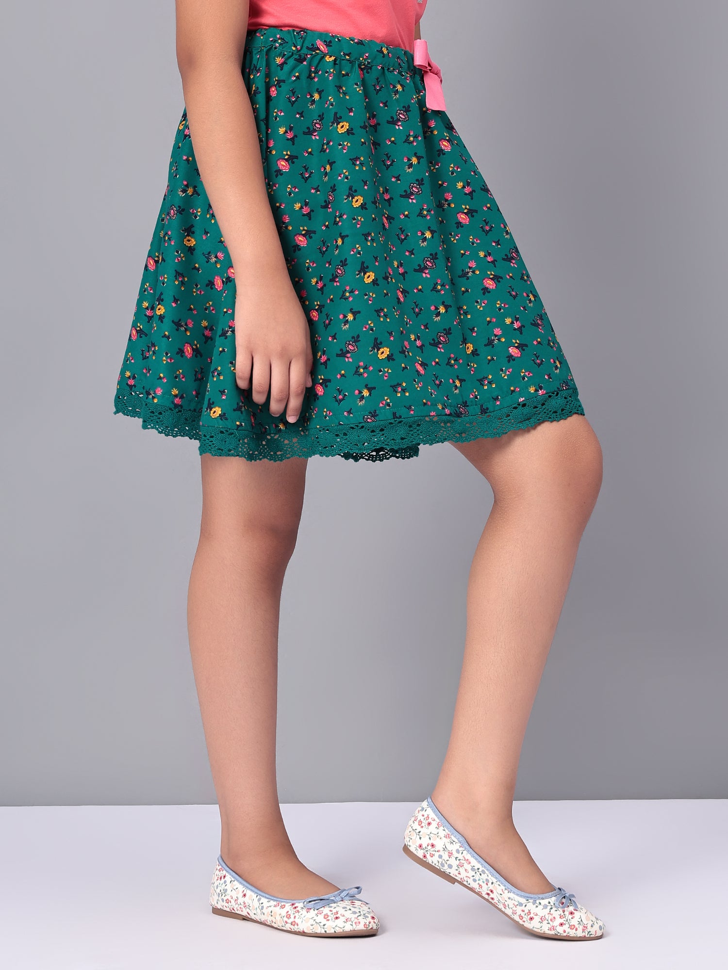 Girls Green Printed Flared Skirt