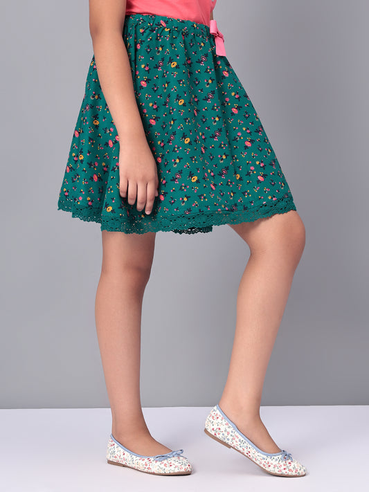 Girls Green Printed Flared Skirt