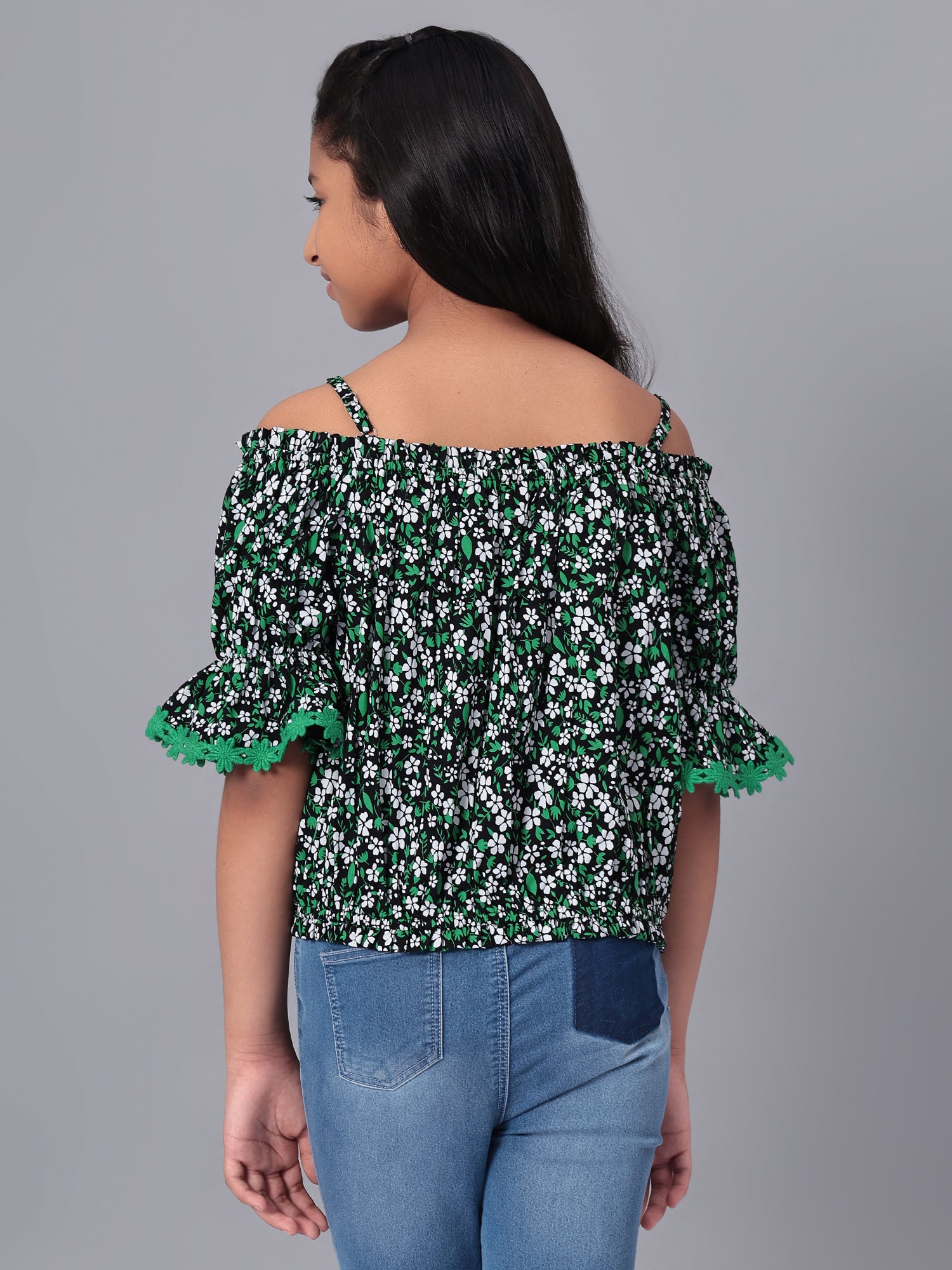 Girls Bardot Top in Green and Black Printed Rayon