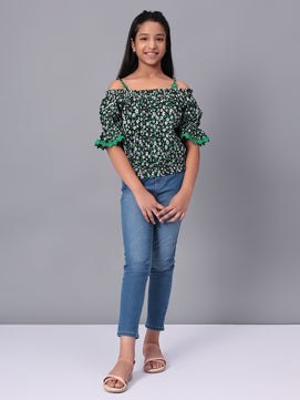 Girls Bardot Top in Green and Black Printed Rayon