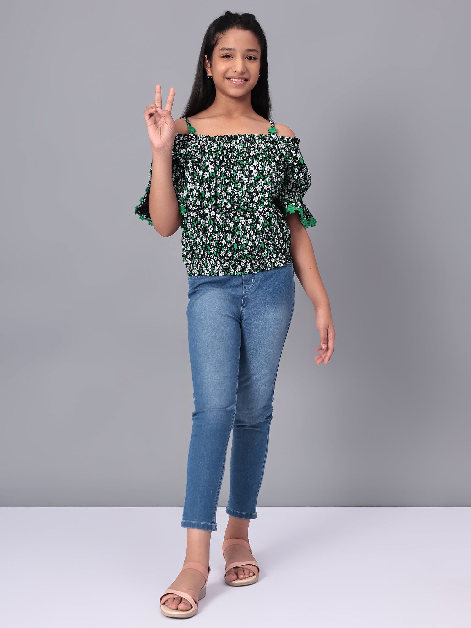 Girls Bardot Top in Green and Black Printed Rayon