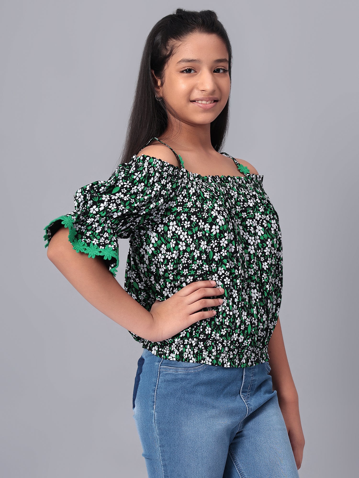 Girls Bardot Top in Green and Black Printed Rayon