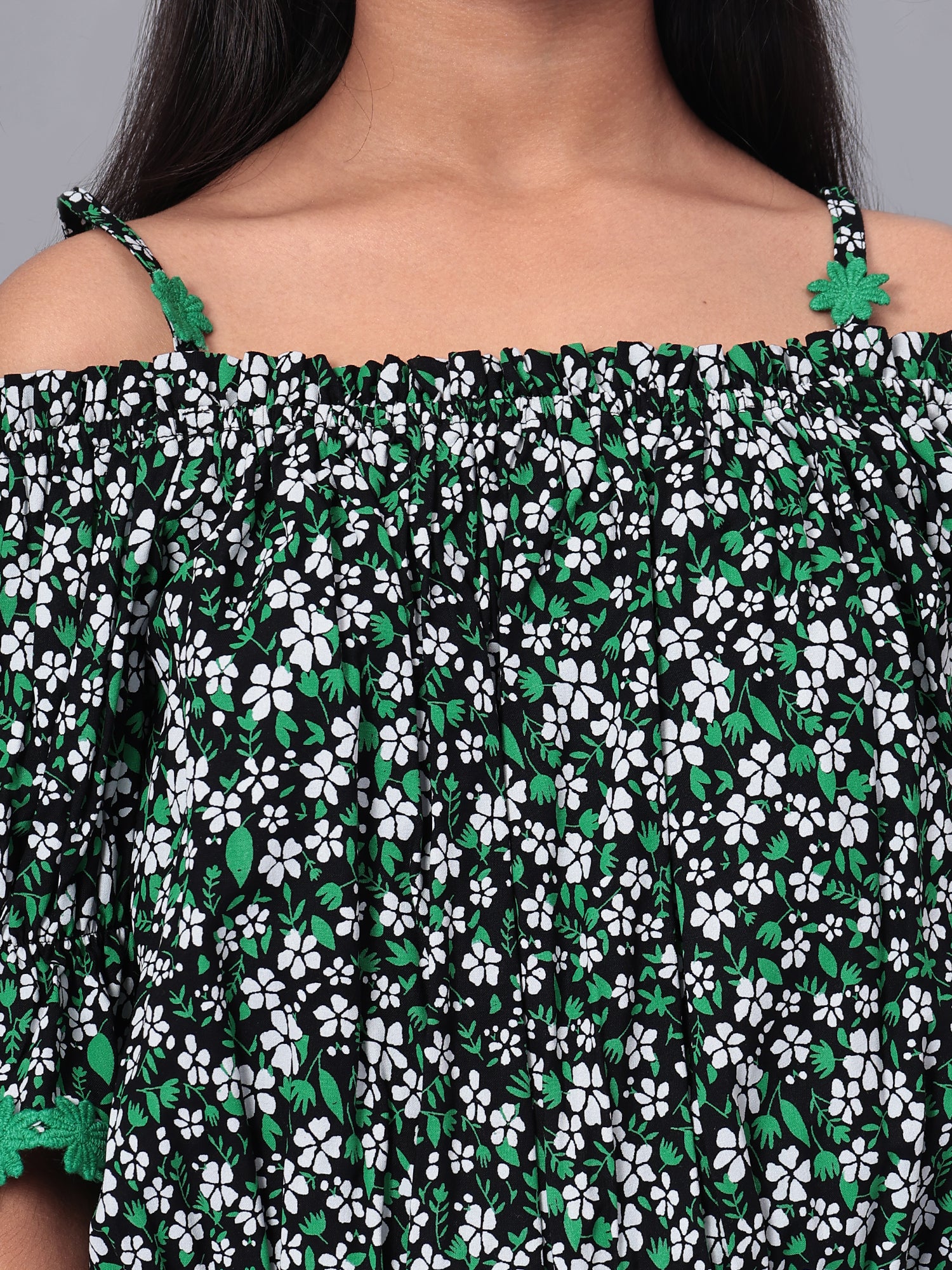 Girls Bardot Top in Green and Black Printed Rayon