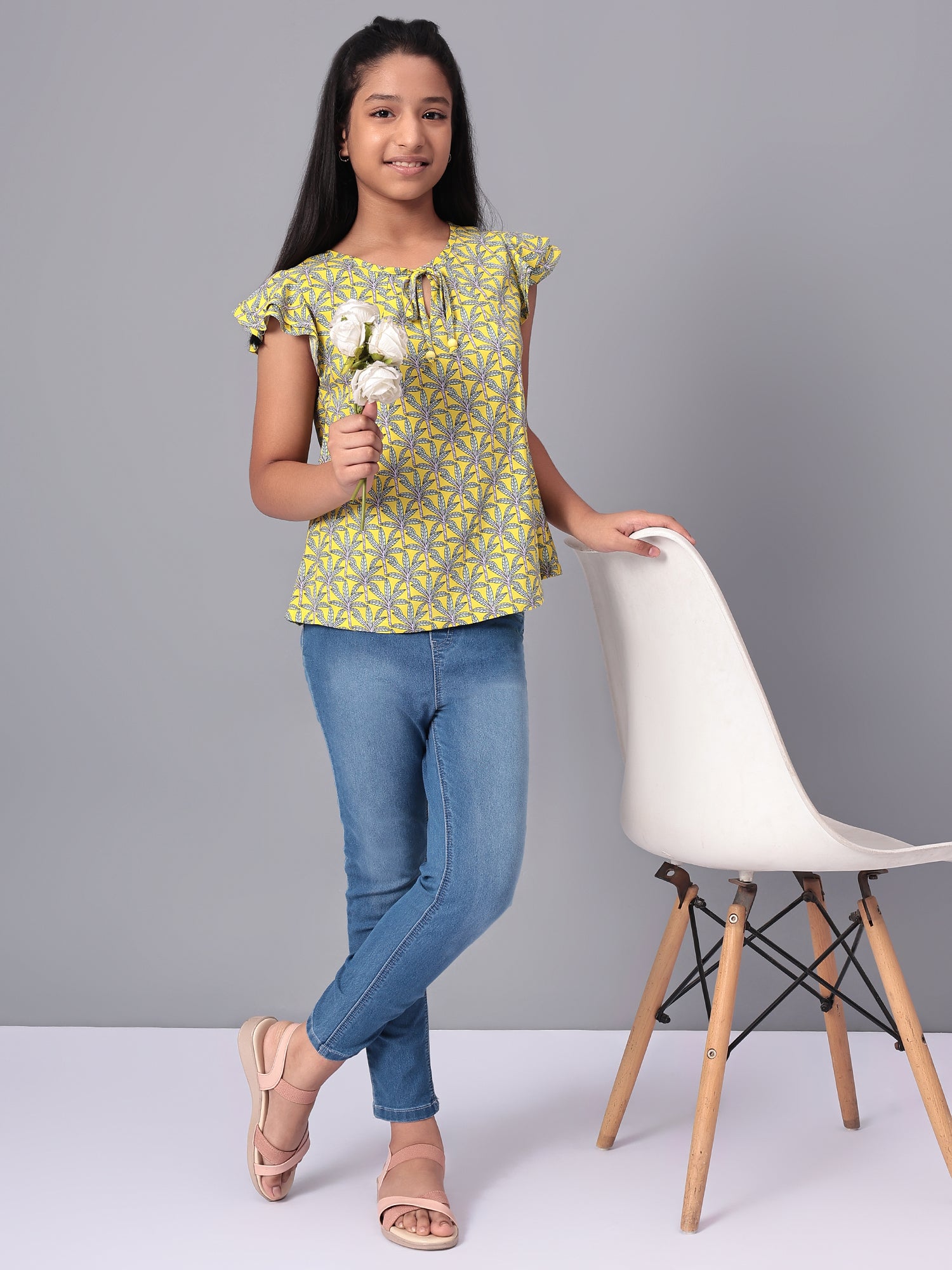 Girls Lemon Yellow Printed Cotton Top