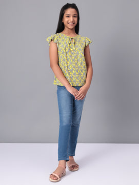 Girls Lemon Yellow Printed Cotton Top