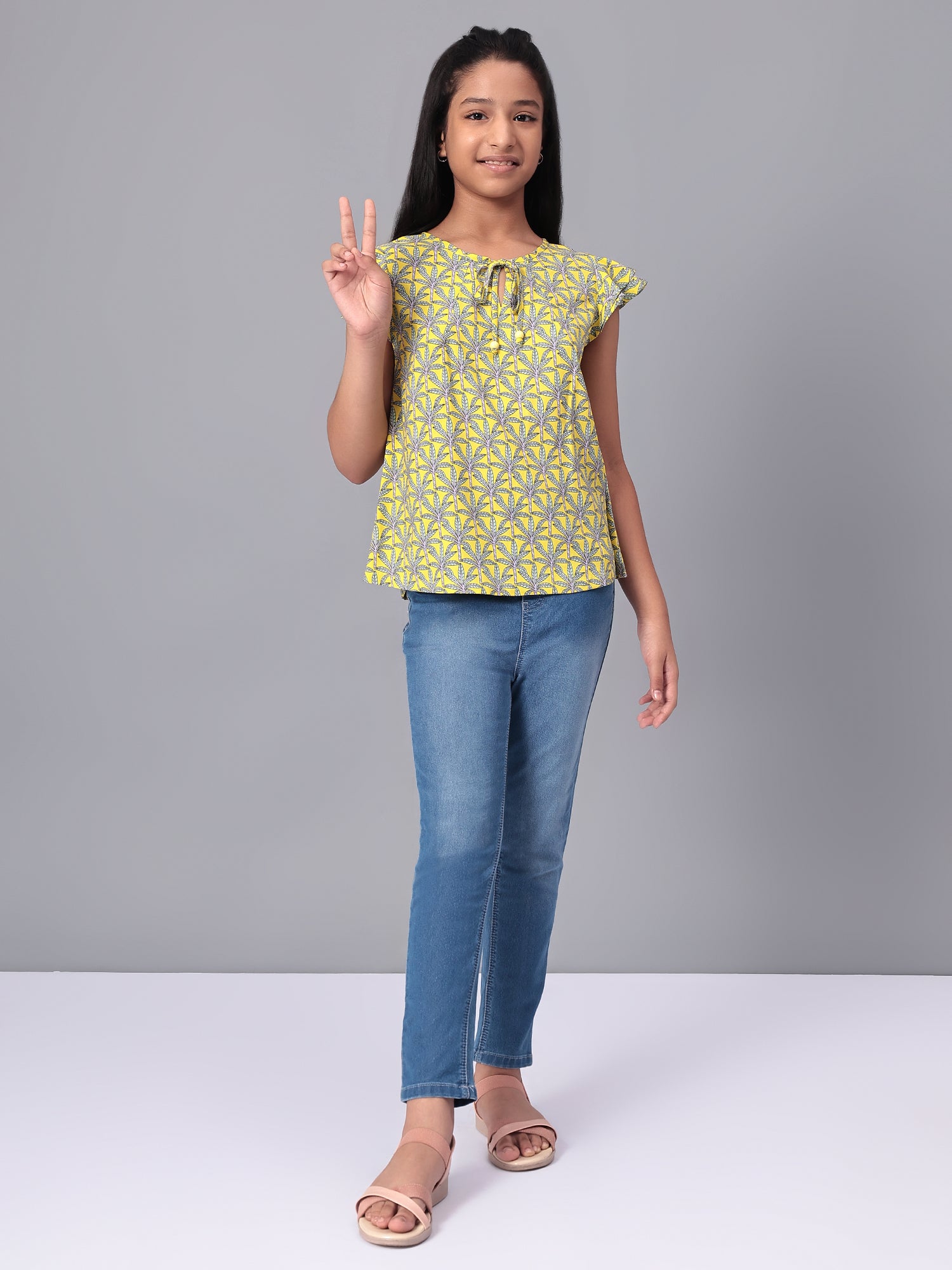 Girls Lemon Yellow Printed Cotton Top