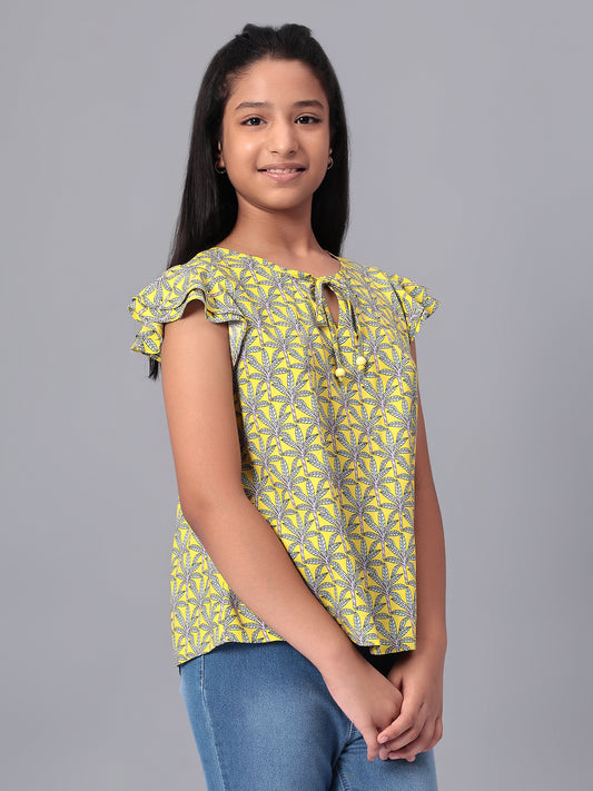 Girls Lemon Yellow Printed Cotton Top