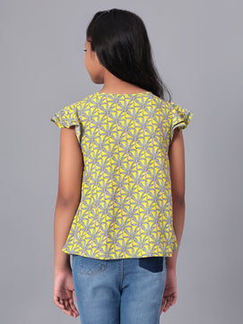 Girls Lemon Yellow Printed Cotton Top