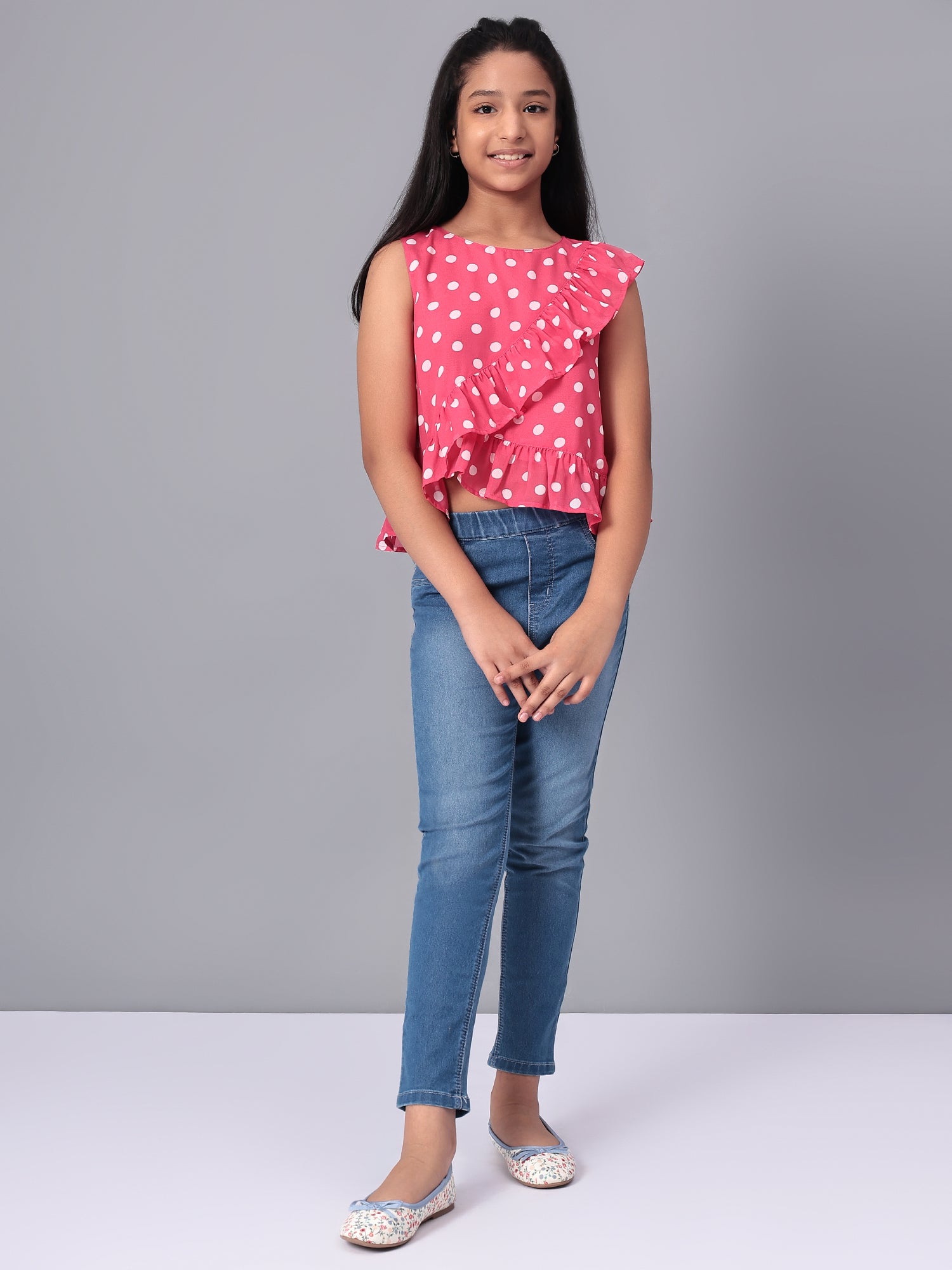 Girls Pink Polka Dotted Georgette Top