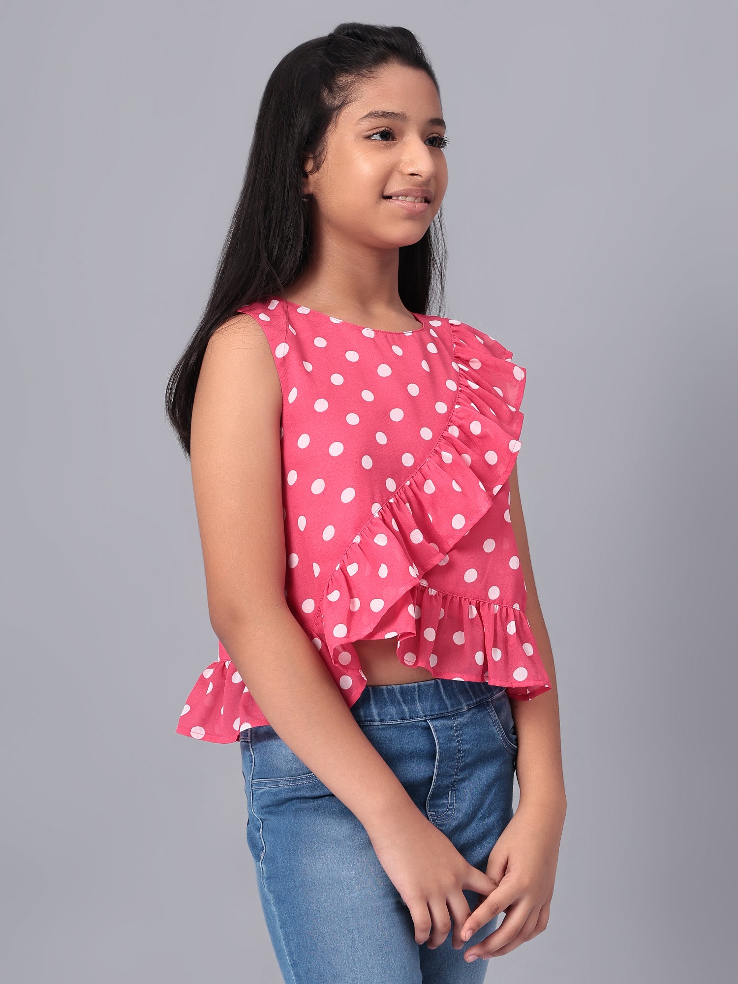 Girls Pink Polka Dotted Georgette Top