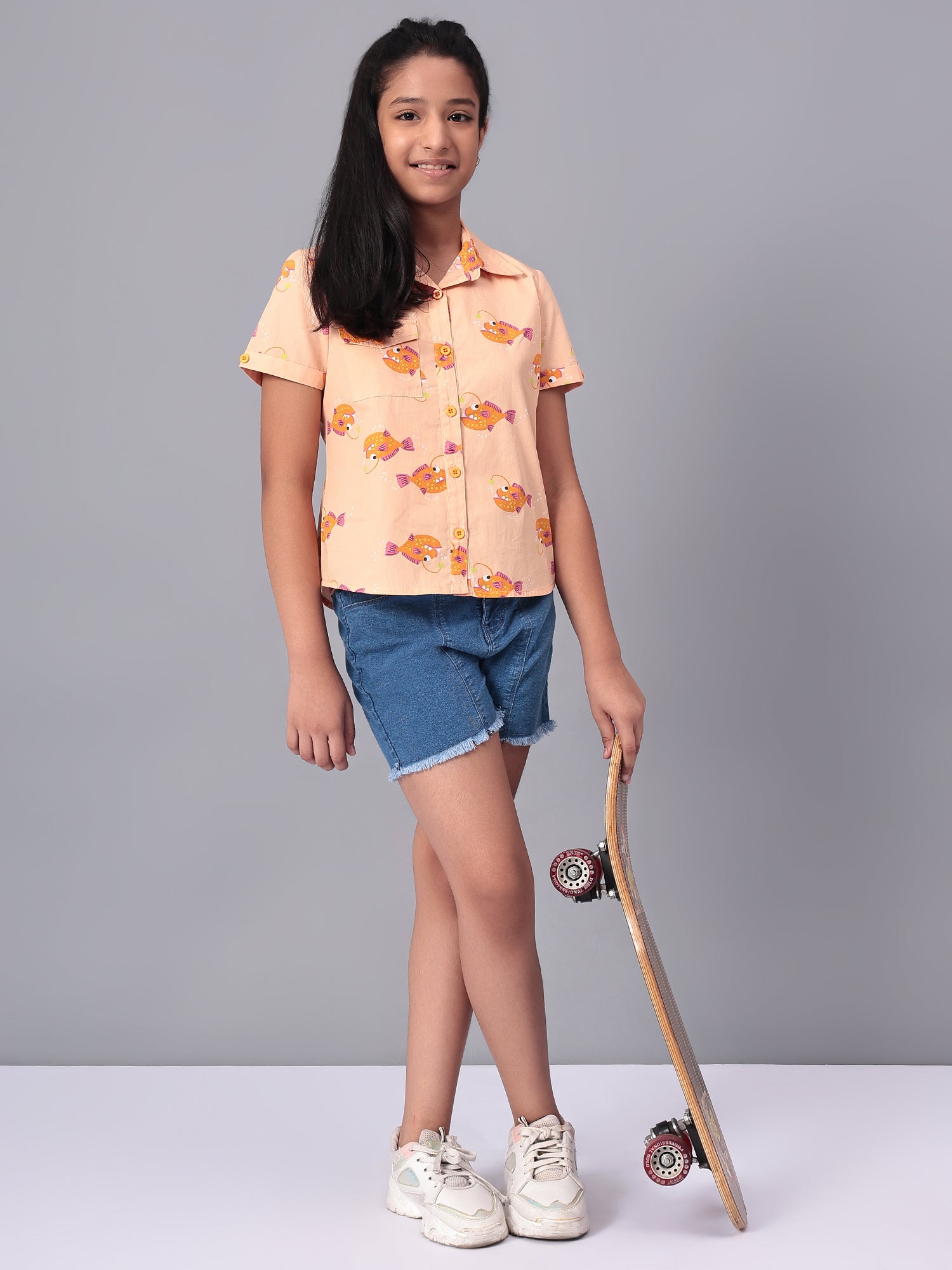 Girls Shirt Style Short Sleeves Printed Cotton Top