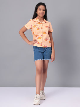 Girls Shirt Style Short Sleeves Printed Cotton Top