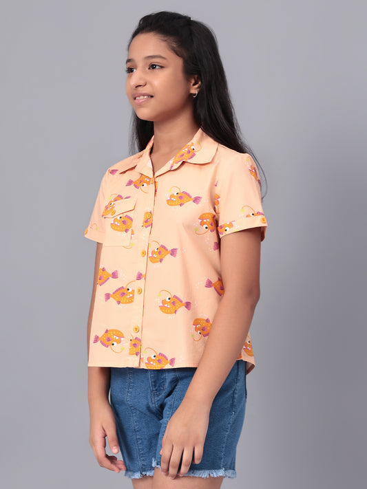 Girls Shirt Style Short Sleeves Printed Cotton Top