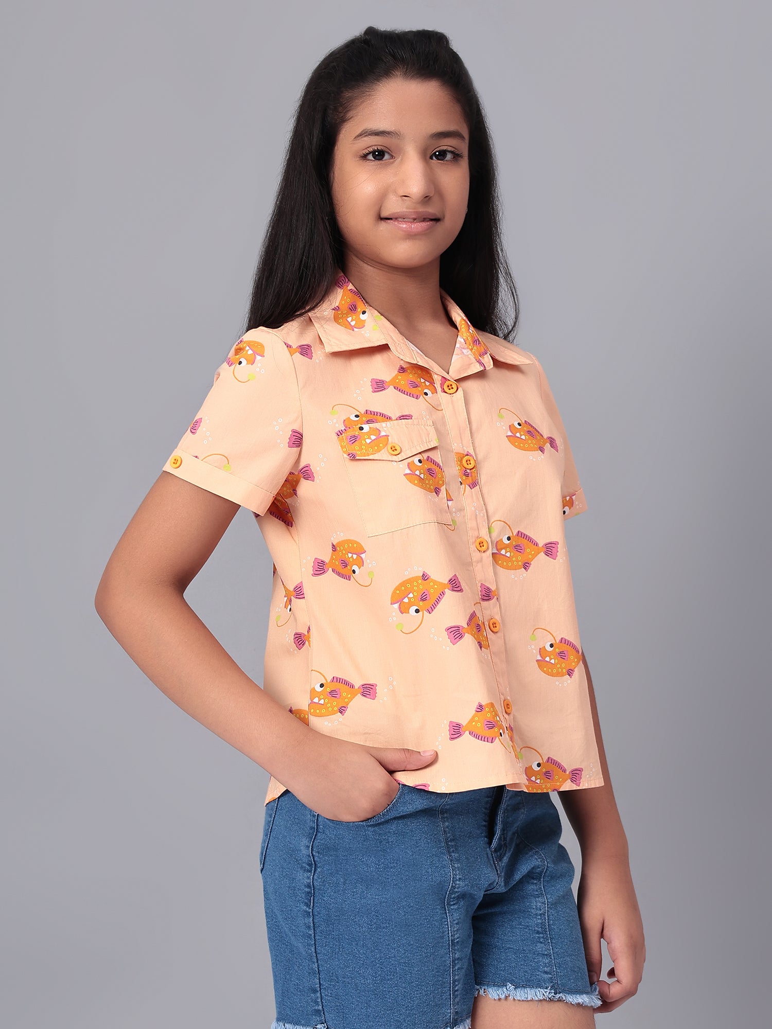 Girls Shirt Style Short Sleeves Printed Cotton Top