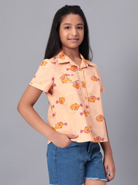 Girls Shirt Style Short Sleeves Printed Cotton Top