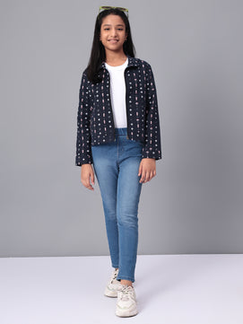 Girls Navy Blue Printed Flannel Jacket