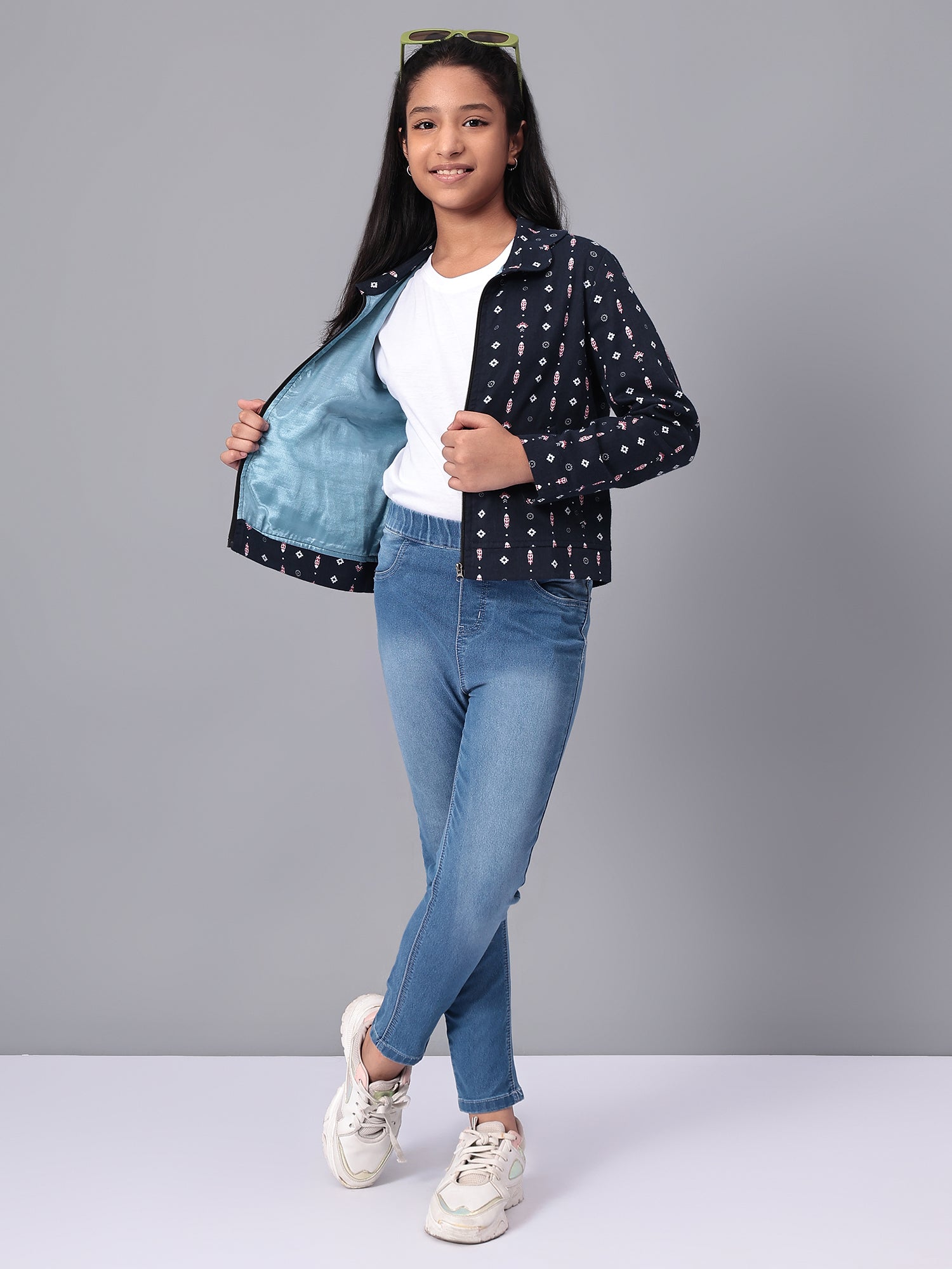 Girls Navy Blue Printed Flannel Jacket