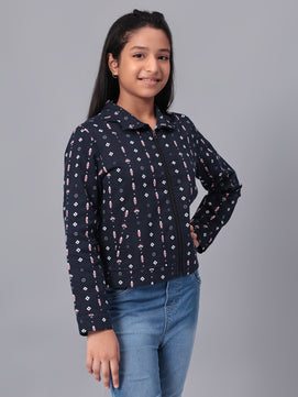 Girls Navy Blue Printed Flannel Jacket