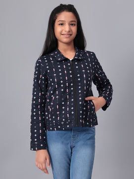 Girls Navy Blue Printed Flannel Jacket