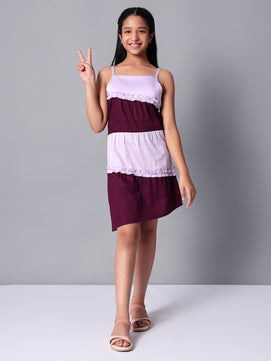 Girls Color Blocked Dress in Glazed Cotton