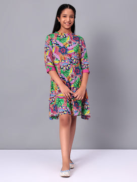 Girls Multicolored Printed Rayon Dress