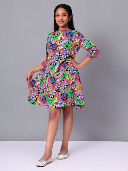 Girls Multicolored Printed Rayon Dress