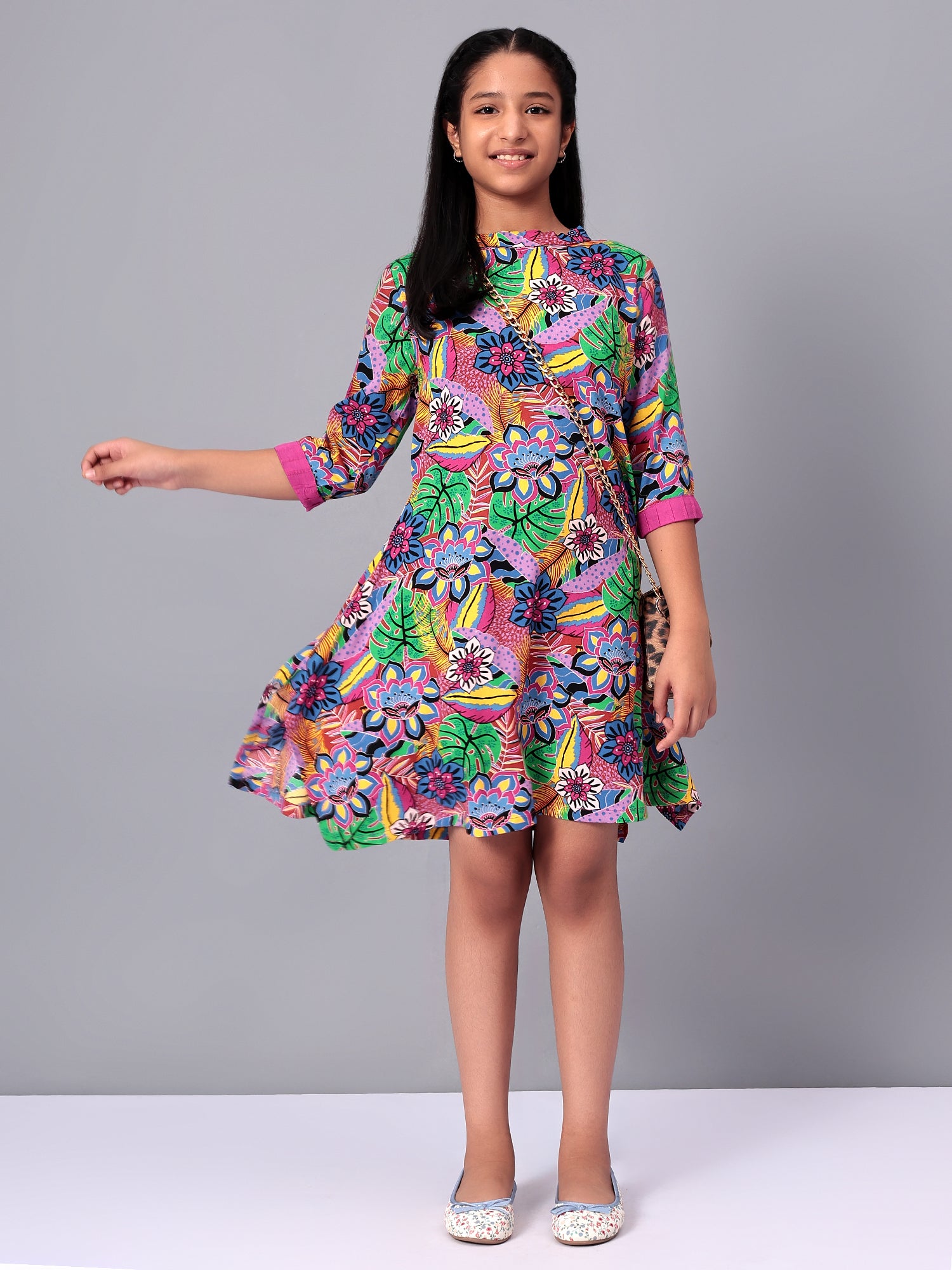 Girls Multicolored Printed Rayon Dress