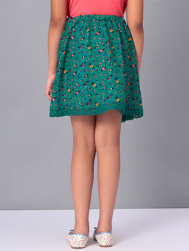 Girls Green Printed Flared Skirt