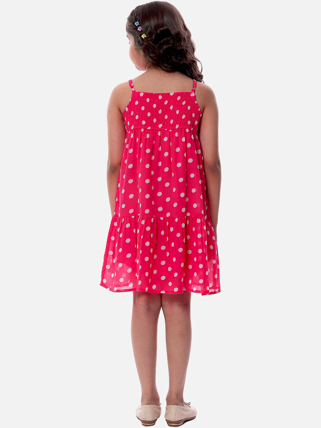 Girls Pink Polka Dotted Tiered Dress