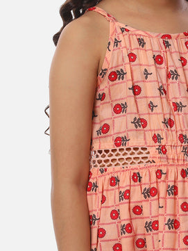 Girls Printed Cotton Dress in Peach Color