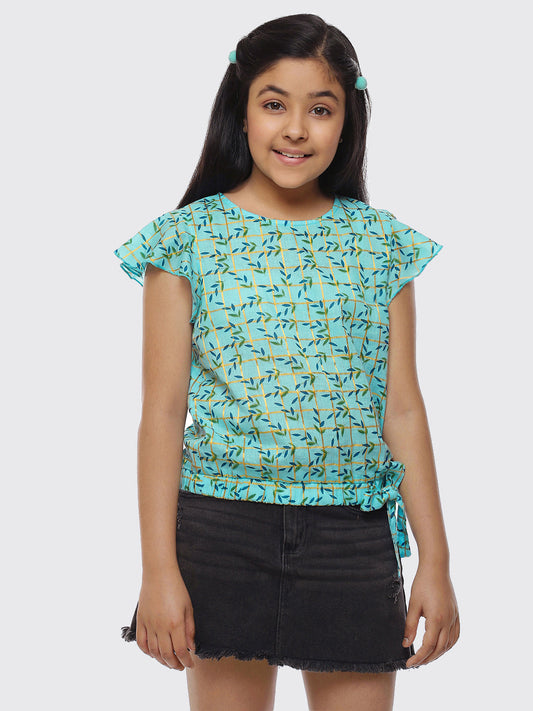 Girls Blue Printed Cotton Top