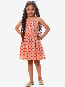 Girls Printed Cotton Dress in Peach Color