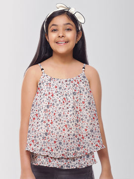 Girls White Printed Georgette Top