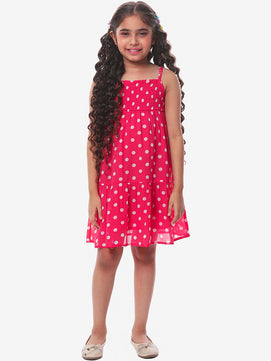 Girls Pink Polka Dotted Tiered Dress