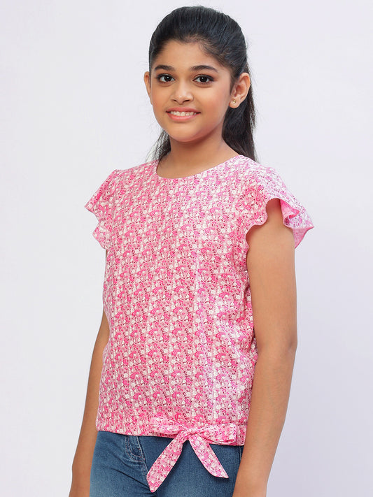 Girls Pink Printed Cotton Top