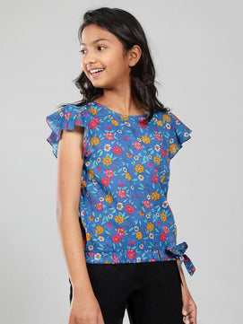 Girls Blue Printed Cotton Top