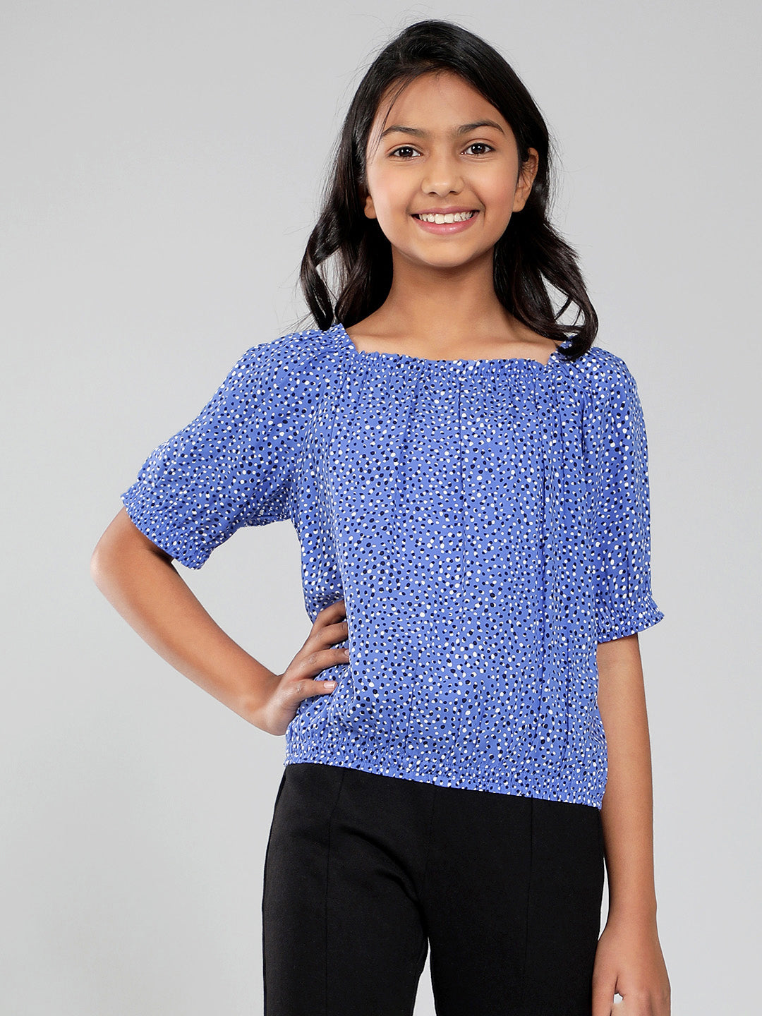 Girls Blue Printed Rayon Top