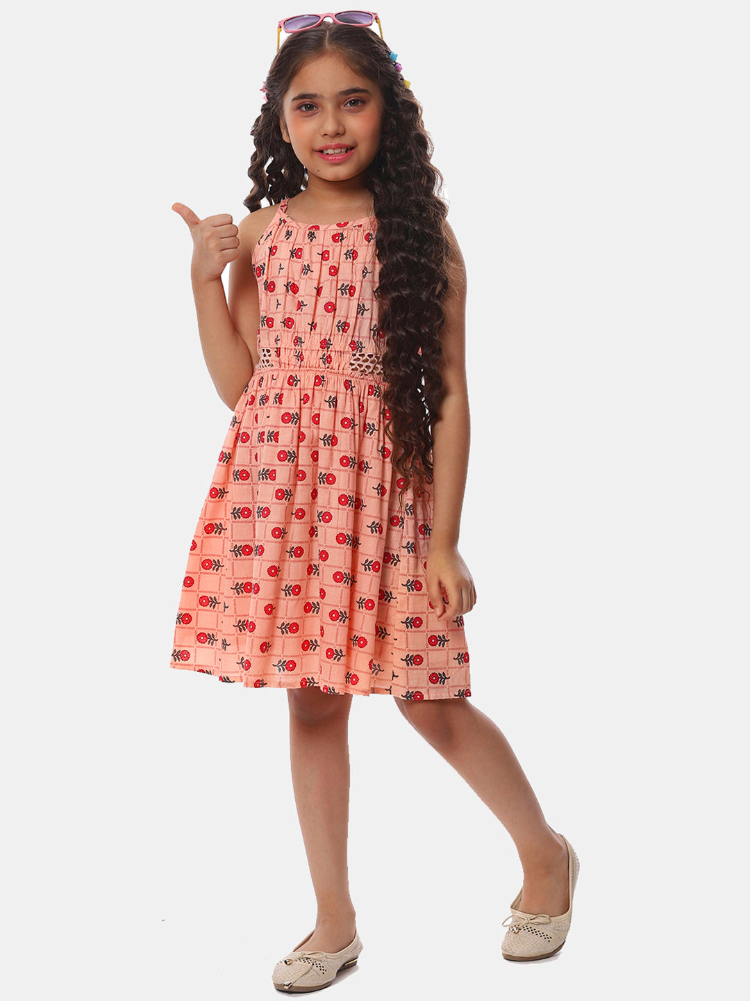 Girls Printed Cotton Dress in Peach Color