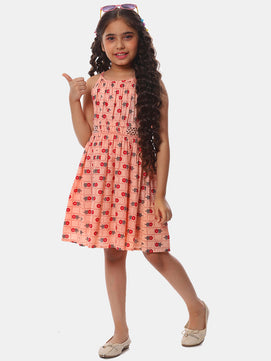 Girls Printed Cotton Dress in Peach Color