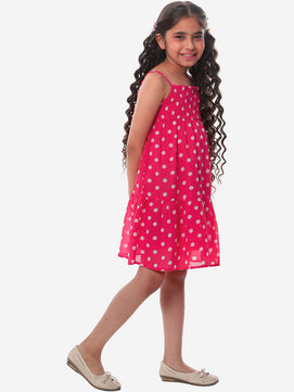 Girls Pink Polka Dotted Tiered Dress