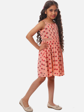 Girls Printed Cotton Dress in Peach Color